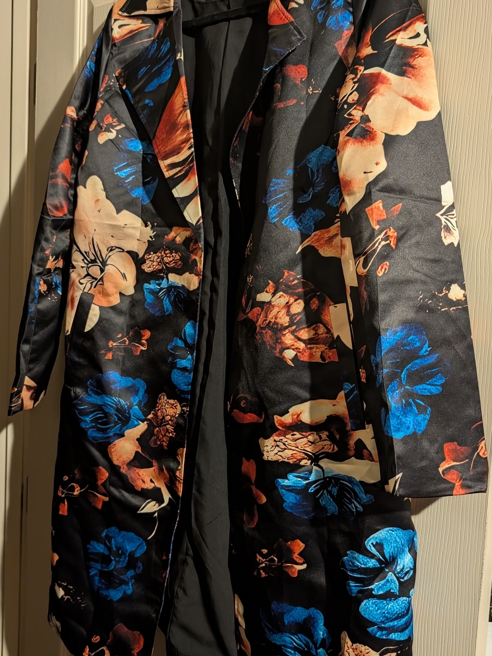 Black Floral Satin Trench Coat with Blue & Cream Accents